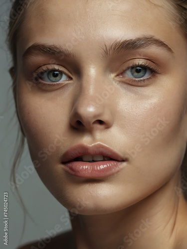 Portrait of caucasian beautiful model with natural features and clear face, treatment skin care make up ad concept from Generative AI