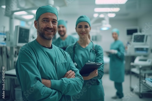 A team of focused healthcare professionals using digital tablets for patient care and coordination in a modern hospital corridor.