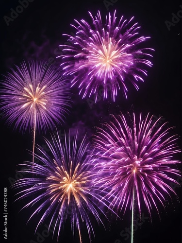 Purple fireworks display on dark night sky background from Generative AI