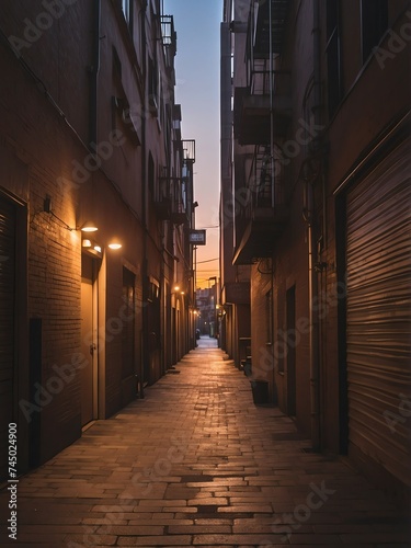 Walkway at a noir city back alley at sunset from Generative AI © sevenSkies