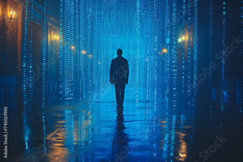 Man Walking Through Tunnel of Lights