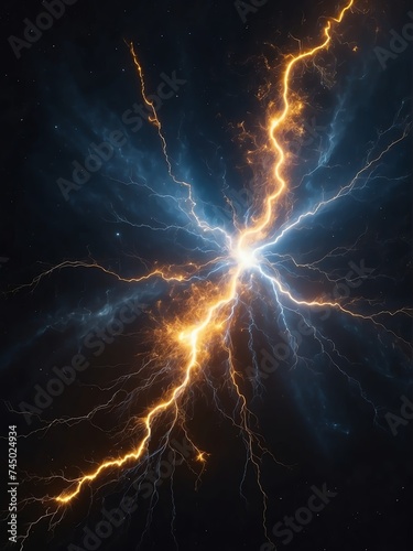 Yellow electric thunder with sparks and embers on dark outer space cosmos background from Generative AI