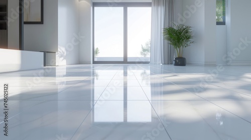 White tile floor in open space view light from window The design of the living room inside the house is modern and clean.