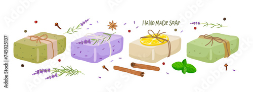 Making soap with natural ingredients. Handmade natural soap bar set. Natural soap with plants, spices, herb. Vector flat Illustration. Aromatherapy and skin hygiene eco herbal cosmetics for bath.