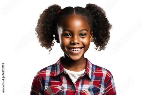 a high quality stock photograph of a single happy african school girl full body isolated on a white background