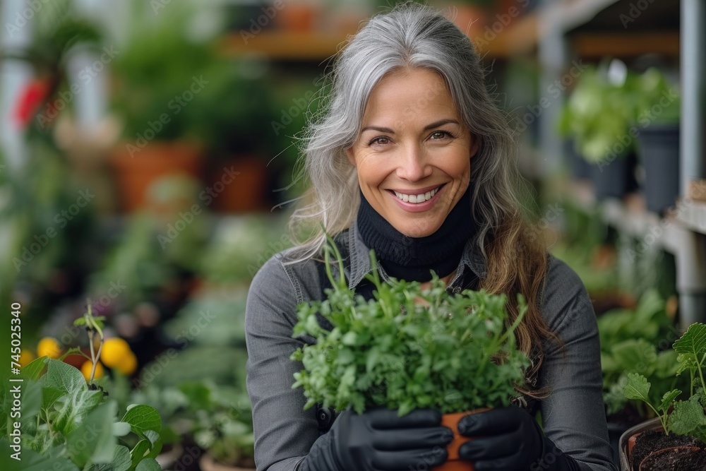 Smiling gray-haired woman with a pot of plants
