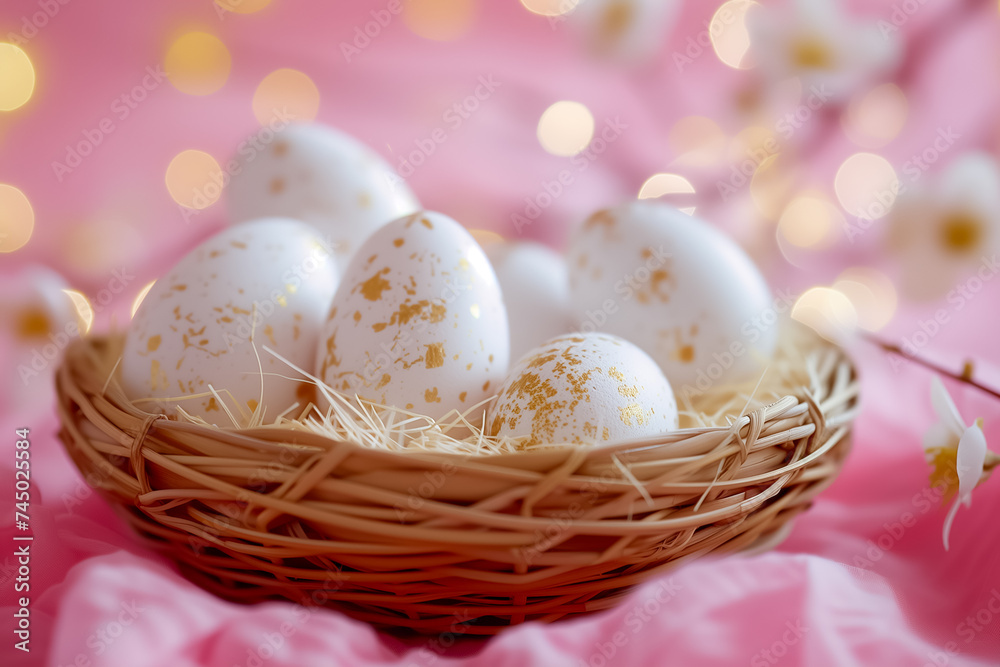gold decorated white Easter eggs in wicker basket close-up on pink background. Easter card