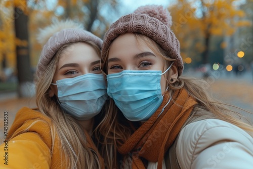 Two girls in medical masks taking a selfie on an autumn street