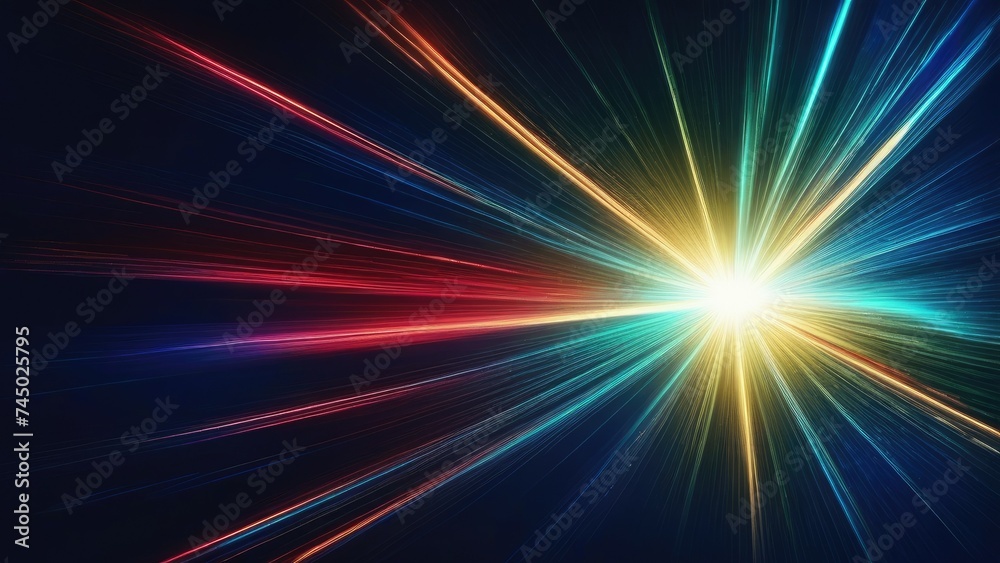 Asymmetric green light burst, abstract beautiful rays of lights on dark blue background with the color of blue and red, golden blue sparkling backdrop with copy space.