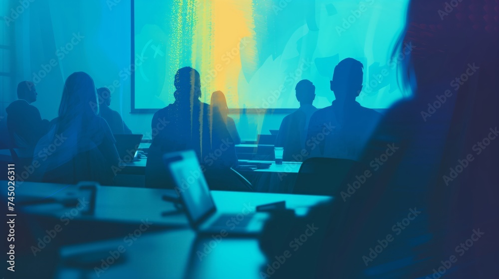 Corporate conference in action: Silhouetted audience focused on colorful presentation, professional development in modern business setting.
Corporate conference in action: Silhouetted audience focused on colorful presentation, professional development in modern business setting.