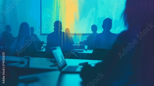 Corporate conference in action: Silhouetted audience focused on colorful presentation, professional development in modern business setting.
