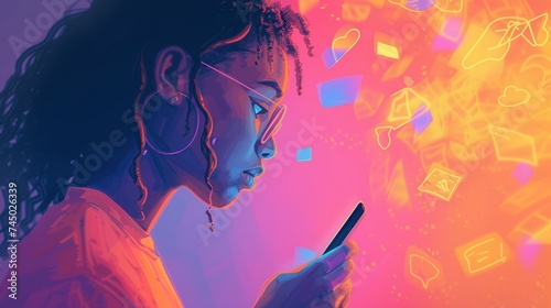 Young woman engrossed in smartphone with glowing social media icons, vibrant digital life concept, cyber communication, neon light effect

