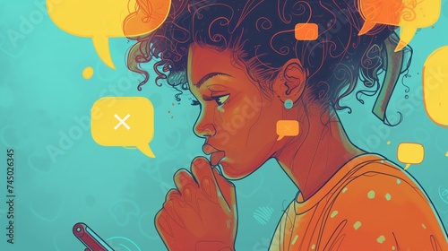 Thoughtful young woman with smartphone contemplating social media interactions, surrounded by colorful thought bubbles and digital icons. 