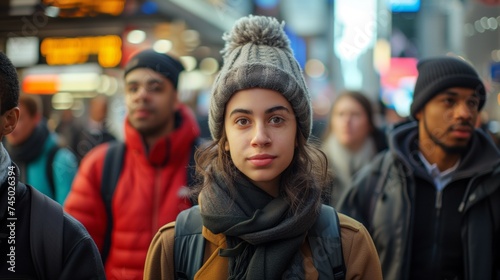 Resilient young woman in winter attire stands out in busy urban crowd, focused and determined