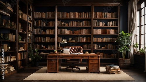 photo of an office room in a classic style with lots of books made by AI generative