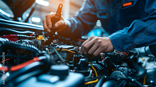 Hand technician of auto mechanic is working on repairing a car.