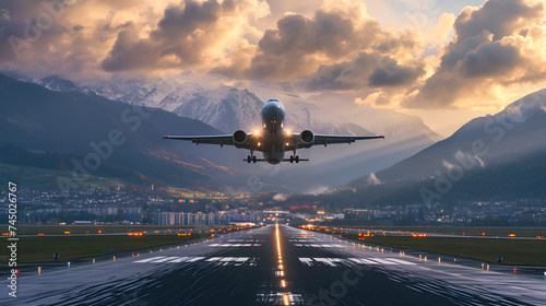 The plane is taking off from an airport. City and mountain views