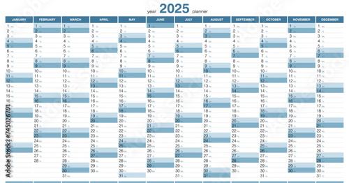 Planner calendar for 2025. Wall organizer, yearly planner template. Vector illustration. Vertical months. One page. Set of 12 months.