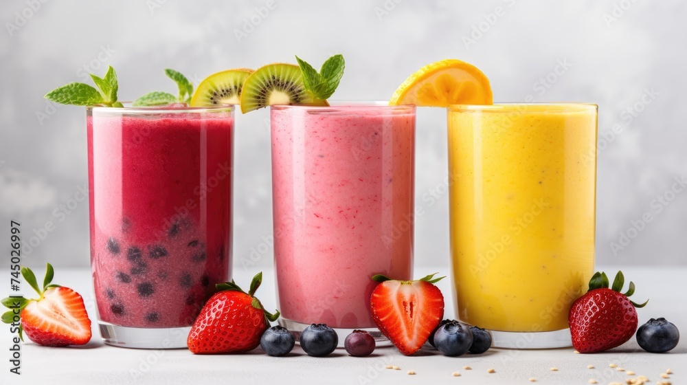 Smoothies in glasses of different fruits and berries on a light background. A refreshing refreshing drink, a delicious snack and breakfast. A healthy organic drink. Proper nutrition and diet. Smoothies in glasses of different fruits and berries on a light background. A refreshing refreshing drink, a delicious snack and breakfast. A healthy organic drink. Proper nutrition and diet.