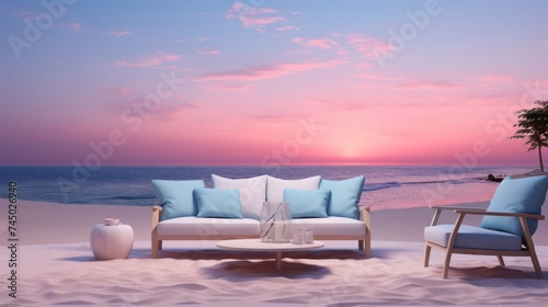 minimalist beach setting with expansive copy space  accentuated by the soothing glow of twilight  creating a tranquil and dreamy atmosphere