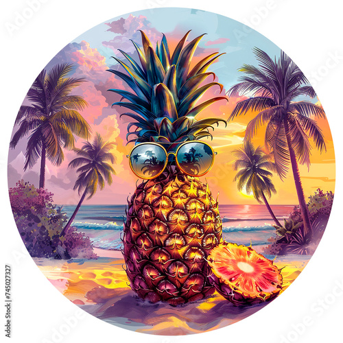 Pineapple with glasses on a paradise island on transparent background