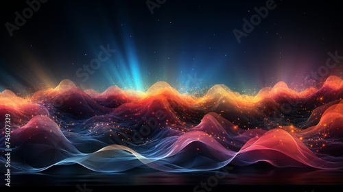 Colorful waves connected lines and dots on dark background