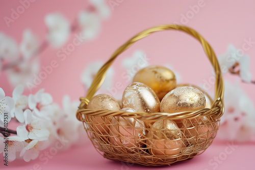 gold decorated white Easter eggs in wicker basket close-up on pink background. Easter card