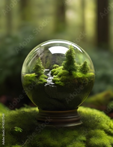 crystal globe on moss in a forest - environment concept Generative AI