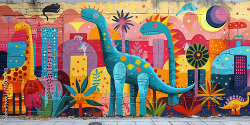 A vibrant mural depicting dinosaurs as modern-day city dwellers interacting with technology photo