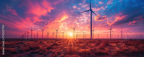 High-tech wind turbines silhouetted against a vibrant sunset symbolizing the power of wind energy in combating climate change