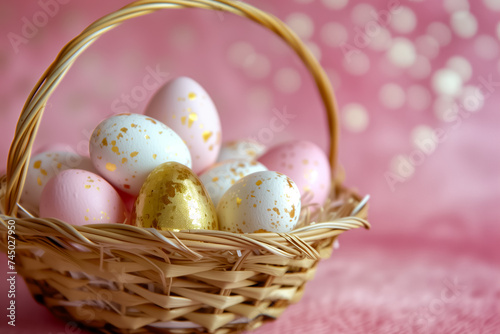 gold decorated white Easter eggs in wicker basket close-up on pink background. Easter card
