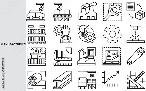 Manufacturing, Production, large-scale manufacturing industry structure ,Set of line icons for business ,Outline symbol collection.,Vector illustration. Editable stroke