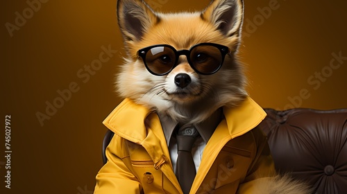 A stylish fox dressed in a trendy outfit and sporting fashionable glasses stands confidently against a solid yellow background.  © Bhadar
