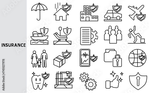 Insurance, Insurance to protect against various forms of risk. Travel risks Finance and health ,Set of line icons for business ,Outline symbol collection.,Vector illustration. Editable stroke