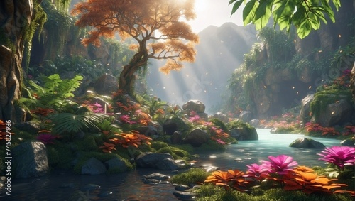photos of forest and river views that look beautiful and epic in the morning made by AI generative