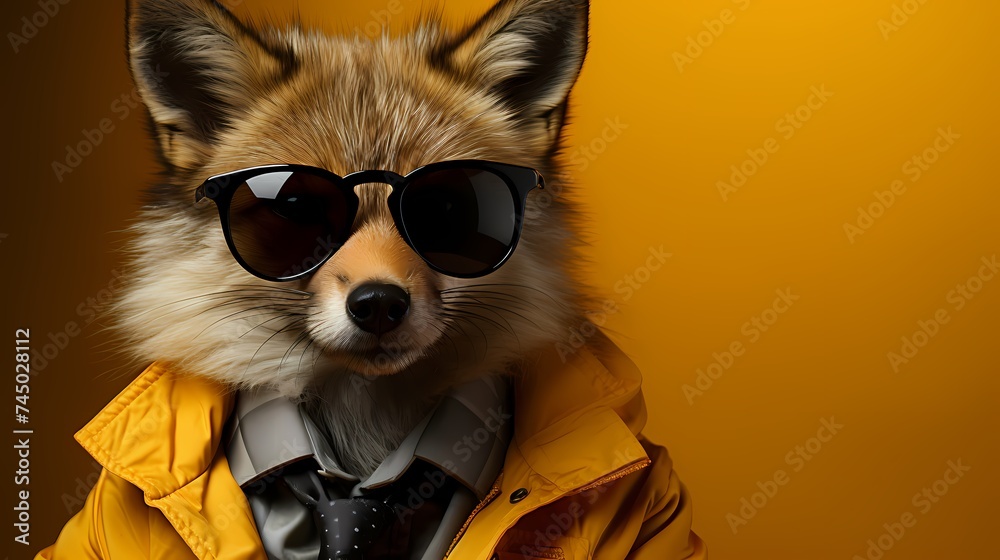 A stylish fox dressed in a trendy outfit and sporting fashionable glasses stands confidently against a solid yellow background. Its modern fashion sense and impeccable style are captured in this high-