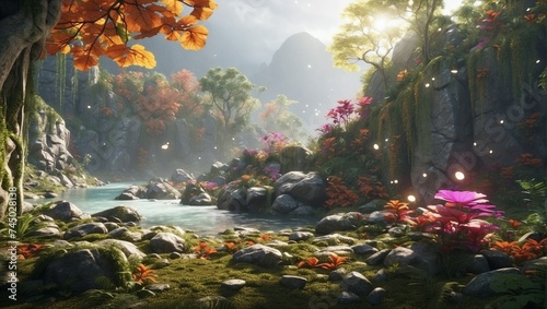 photo of a view of a dense forest with a river filled with colorful flowers on the edge made by AI generative