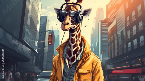 A stylish giraffe wearing a leather jacket, jeans, and trendy sneakers, rocking a pair of wireless headphones on a busy city street