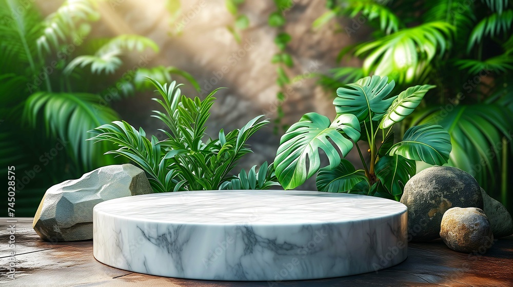 Podium background 3D white marble stand display platform mockup. Stone podium scene summer background 3D render product stage presentation green pedestal plant rock leaf art abstract Podium background 3D white marble stand display platform mockup. Stone podium scene summer background 3D render product stage presentation green pedestal plant rock leaf art abstract