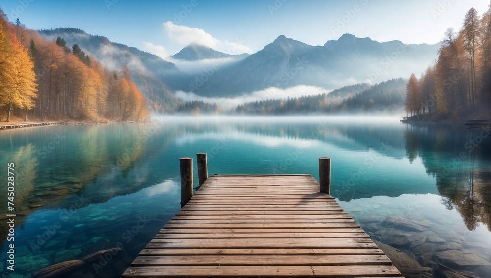 photo of a lake view with a wooden pier in the middle of a beautiful forest in the morning made by AI generative - obrazy, fototapety, plakaty 