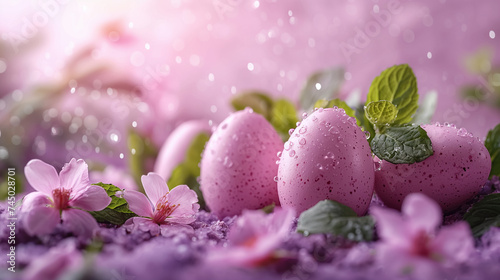  lavender Easter eggs, flowers, leaves and water drops against lavender background. Easter banner