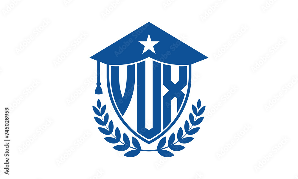 VUX three letter iconic academic logo design vector template. monogram, abstract, school, college, university, graduation cap symbol logo, shield, model, institute, educational, coaching canter, tech VUX three letter iconic academic logo design vector template. monogram, abstract, school, college, university, graduation cap symbol logo, shield, model, institute, educational, coaching canter, tech
