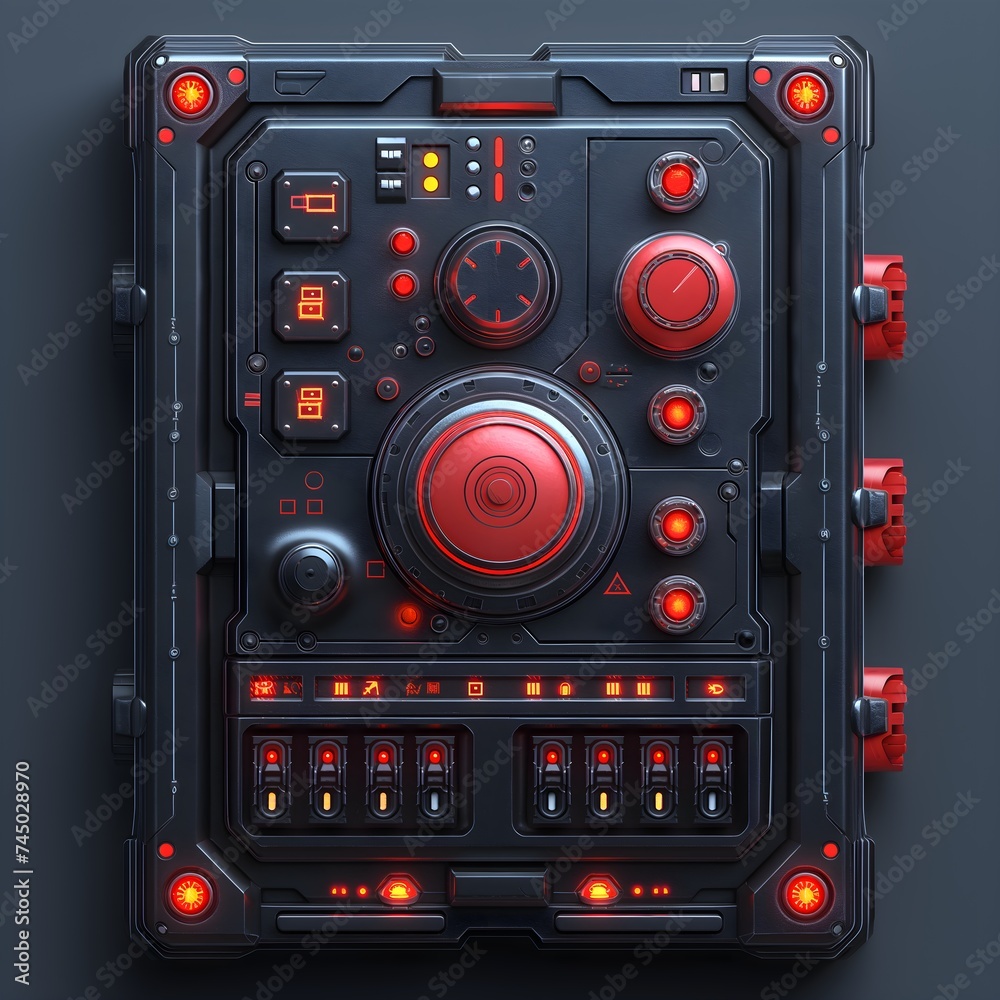 Fototapeta premium Device With Sensors And Red Buttons. Illustration on the theme of technology and computer games. Generative AI
