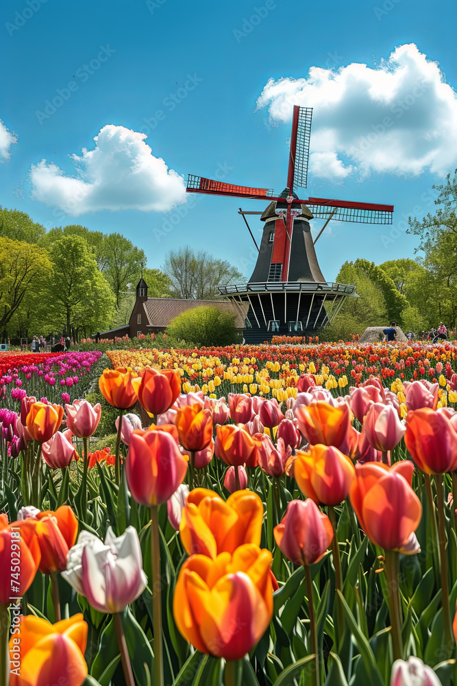 A windmill overlooks a field of tulips