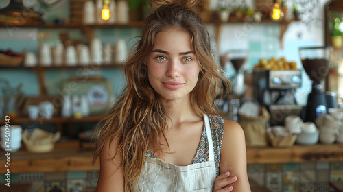Portrait photo of a girl barista in front of her coffee shop © Ruslan