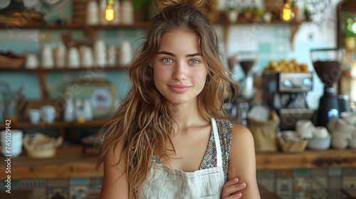 Portrait photo of a girl barista in front of her coffee shop