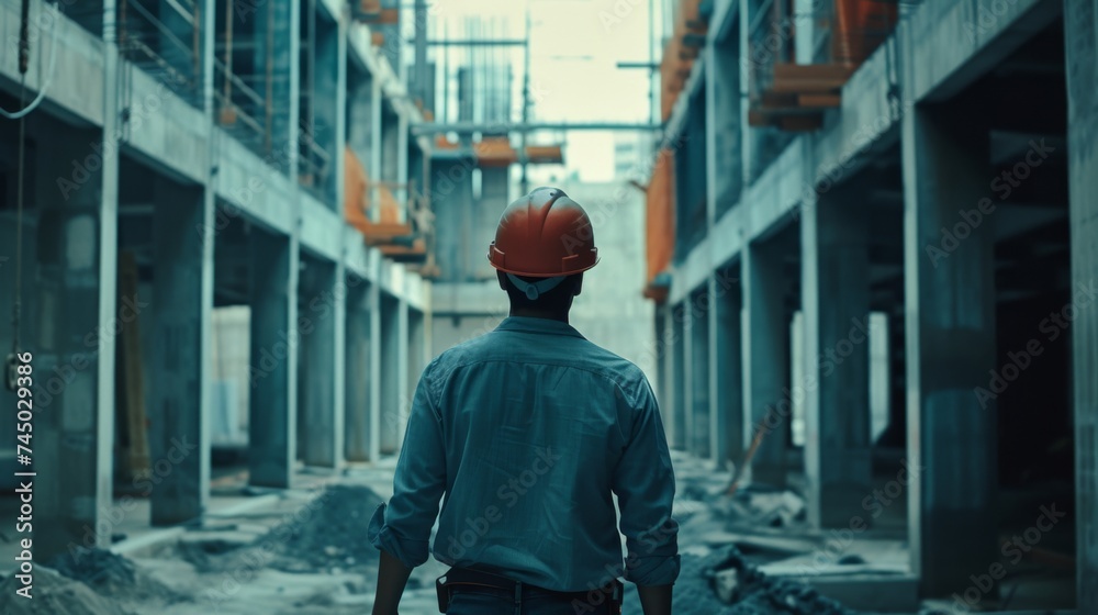 An engineer wearing a safety helmet working on a construction site
