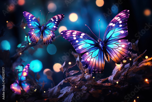 Close-up of butterflies in neon light against a golden bokeh background. Generated by artificial intelligence