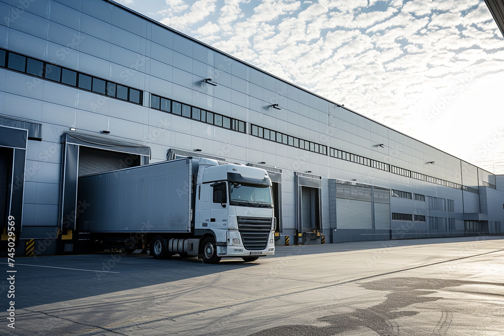 A truck parked in front of an industrial logistics building A truck parked in front of an industrial logistics building