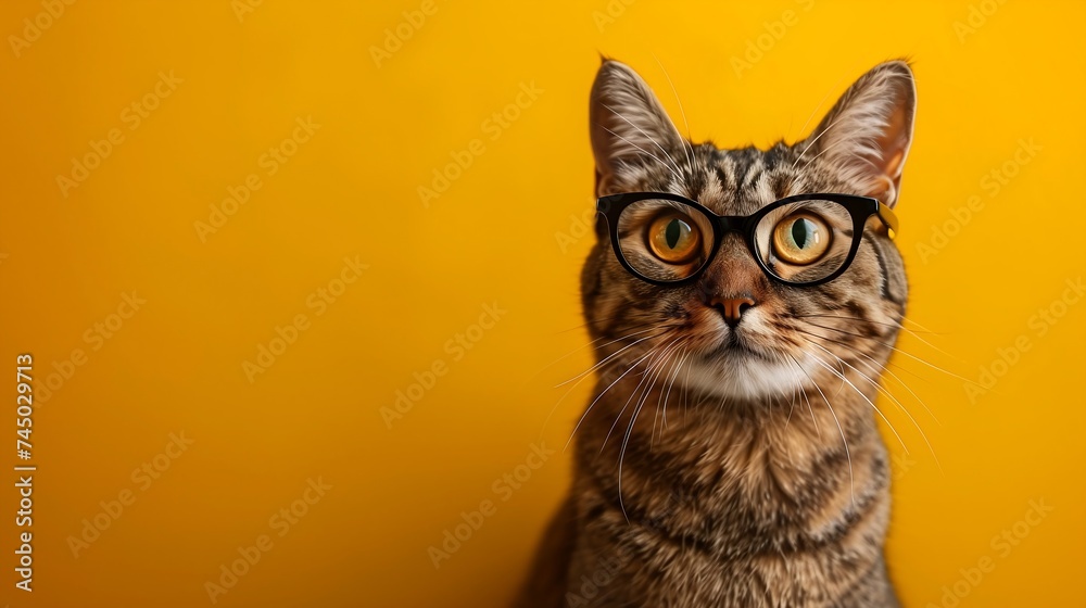 close up portrait of a cat wearing glasses on yellow background